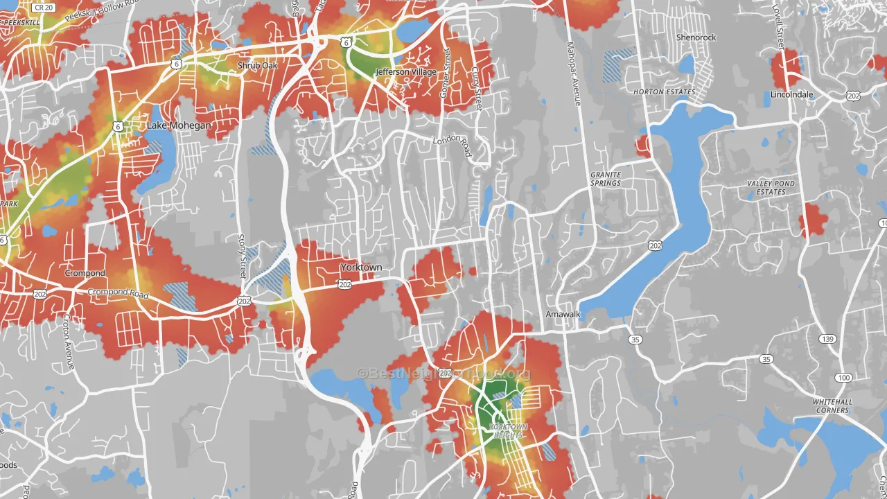 Walk Grade map of 10598, NY, walkable areas in green and car-dependent areas in red