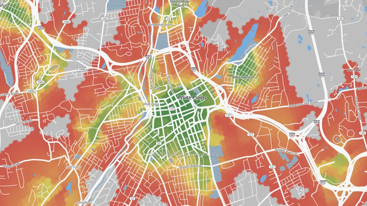 Walk Grade map of 10601, NY, walkable areas in green and car-dependent areas in red