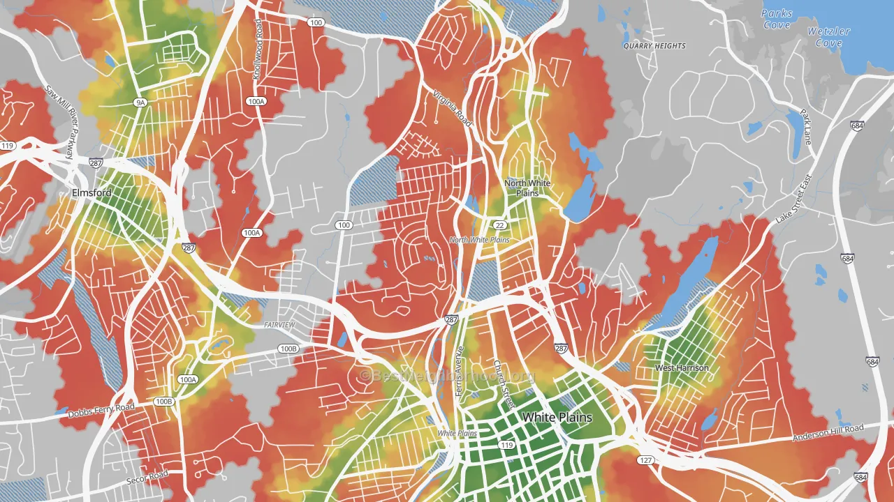 Walk Grade map of 10603, NY, walkable areas in green and car-dependent areas in red