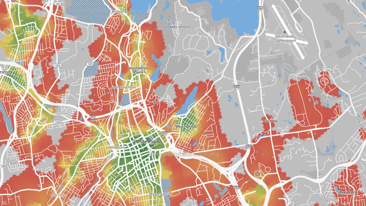 Walk Grade map of 10604, NY, walkable areas in green and car-dependent areas in red