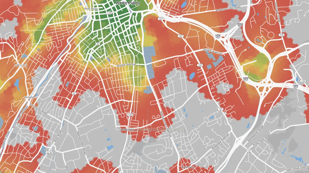 Walk Grade map of 10605, NY, walkable areas in green and car-dependent areas in red