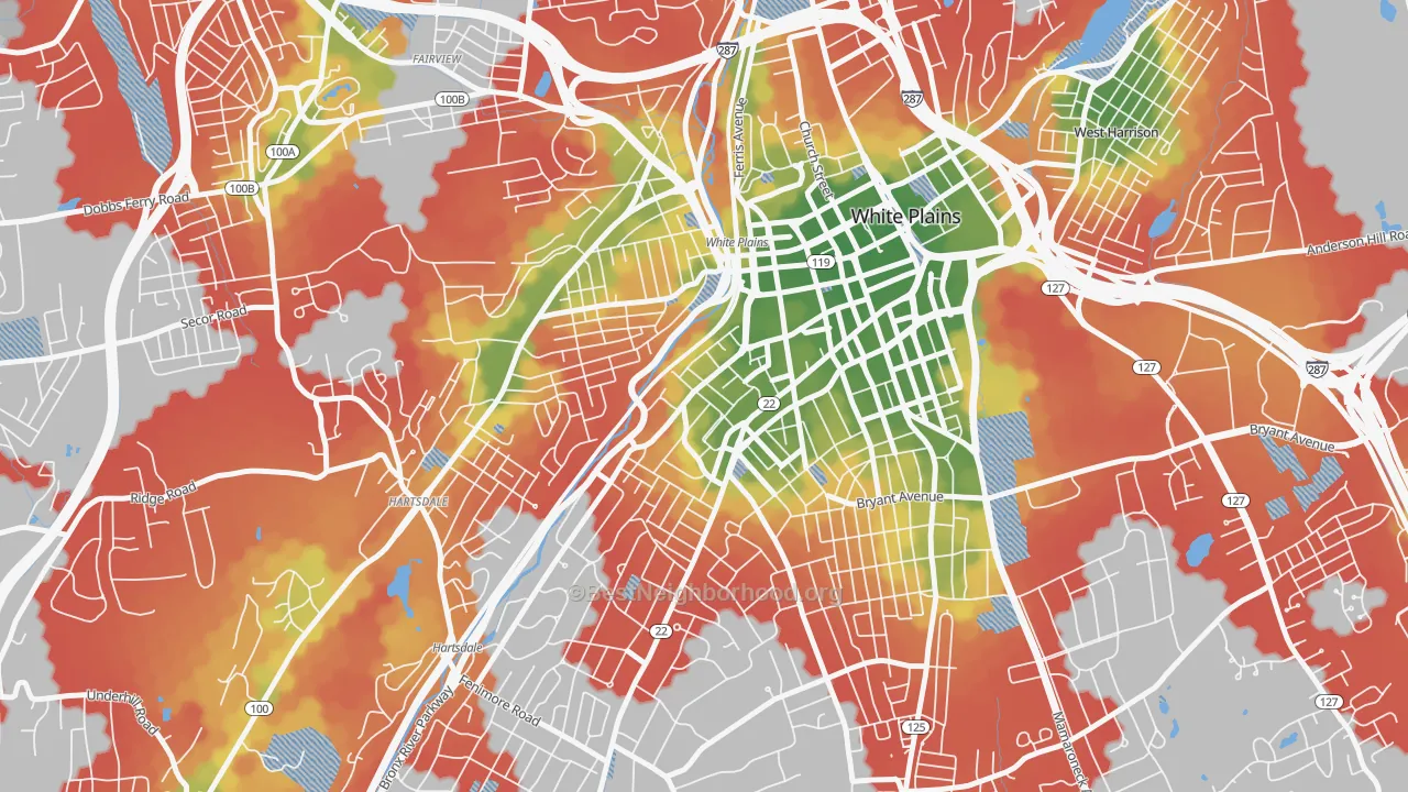 Walk Grade map of 10606, NY, walkable areas in green and car-dependent areas in red