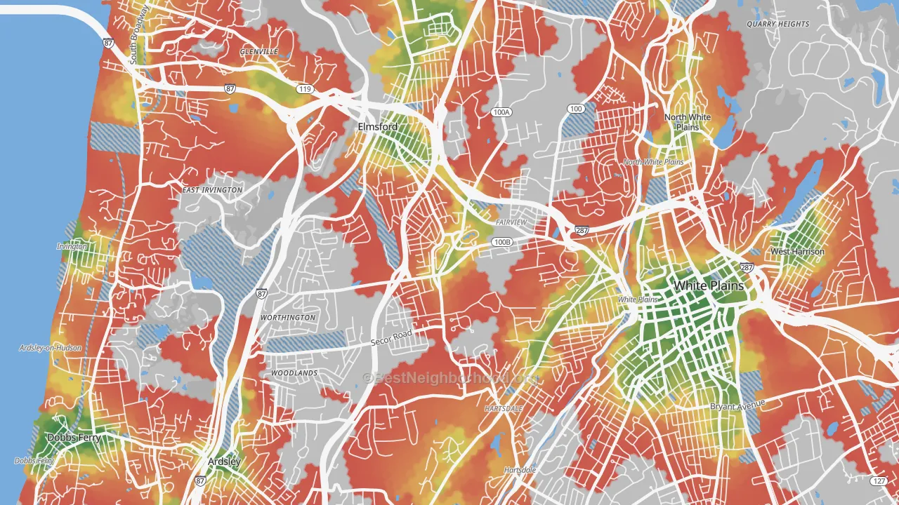 Walk Grade map of 10607, NY, walkable areas in green and car-dependent areas in red