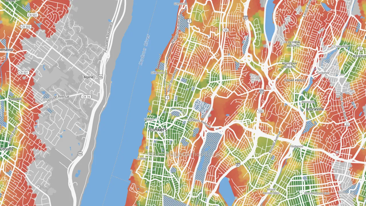 Walk Grade map of 10701, NY, walkable areas in green and car-dependent areas in red