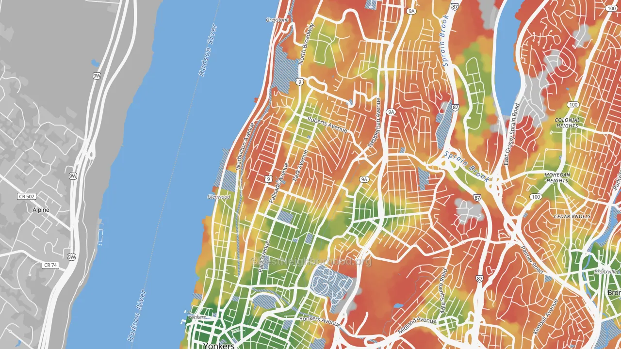 Walk Grade map of 10703, NY, walkable areas in green and car-dependent areas in red