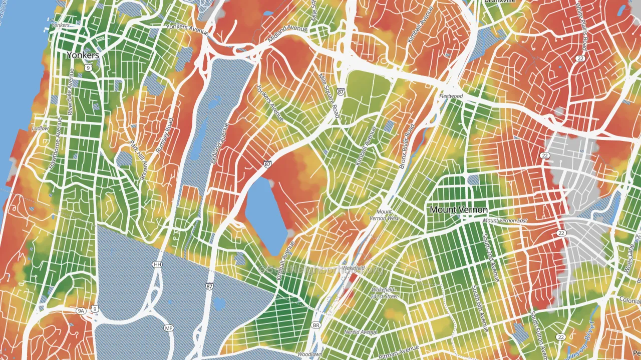 Walk Grade map of 10704, NY, walkable areas in green and car-dependent areas in red