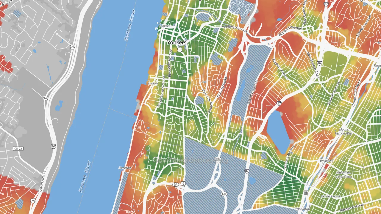 Walk Grade map of 10705, NY, walkable areas in green and car-dependent areas in red