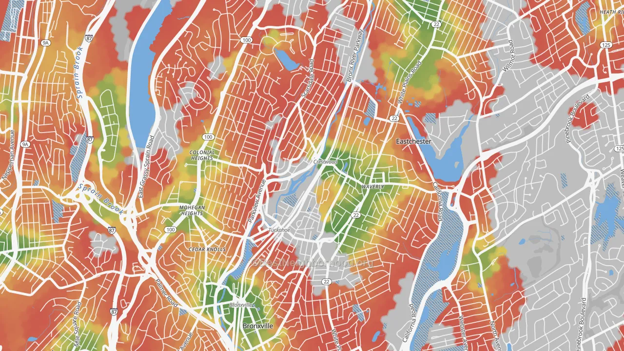 Walk Grade map of 10707, NY, walkable areas in green and car-dependent areas in red