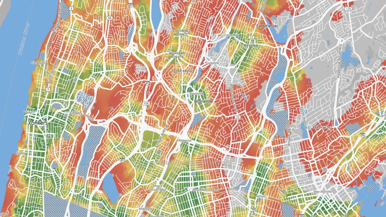 Walk Grade map of 10708, NY, walkable areas in green and car-dependent areas in red