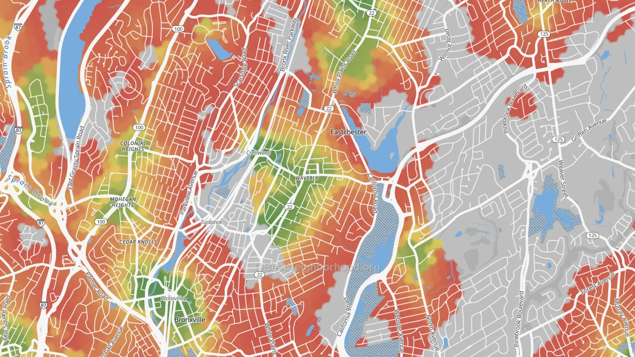 Walk Grade map of 10709, NY, walkable areas in green and car-dependent areas in red