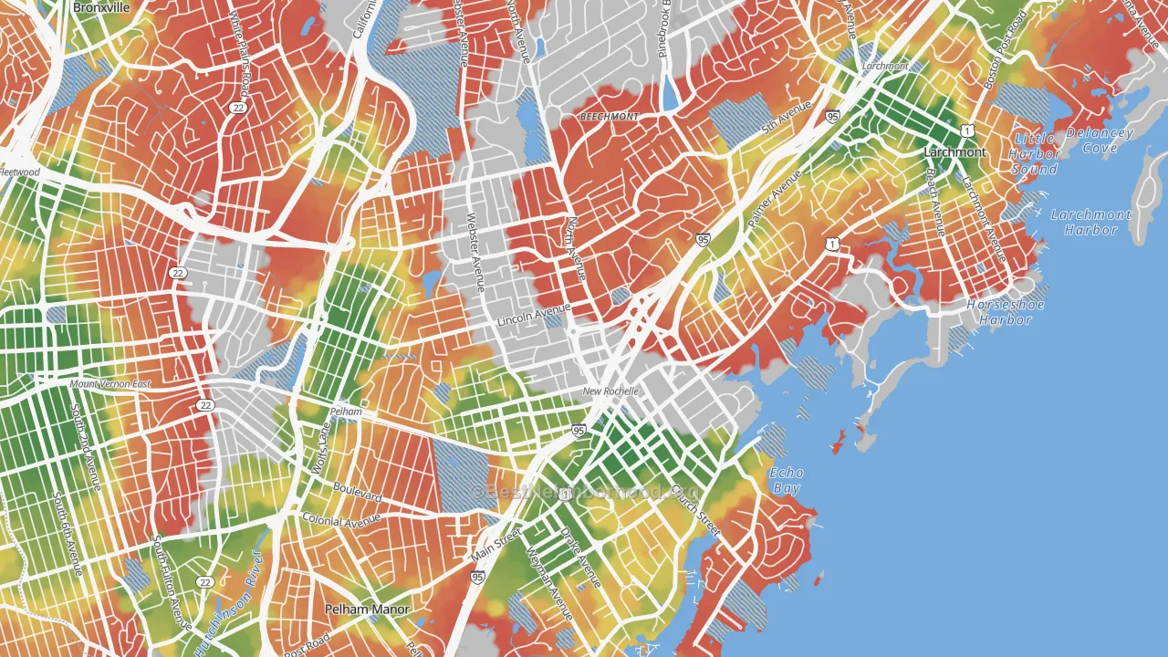Walk Grade map of 10801, NY, walkable areas in green and car-dependent areas in red
