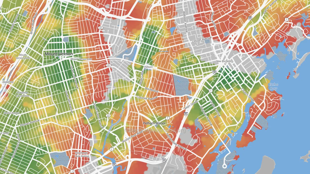 Walk Grade map of 10803, NY, walkable areas in green and car-dependent areas in red