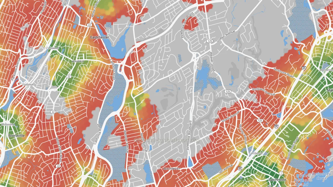Walk Grade map of 10804, NY, walkable areas in green and car-dependent areas in red