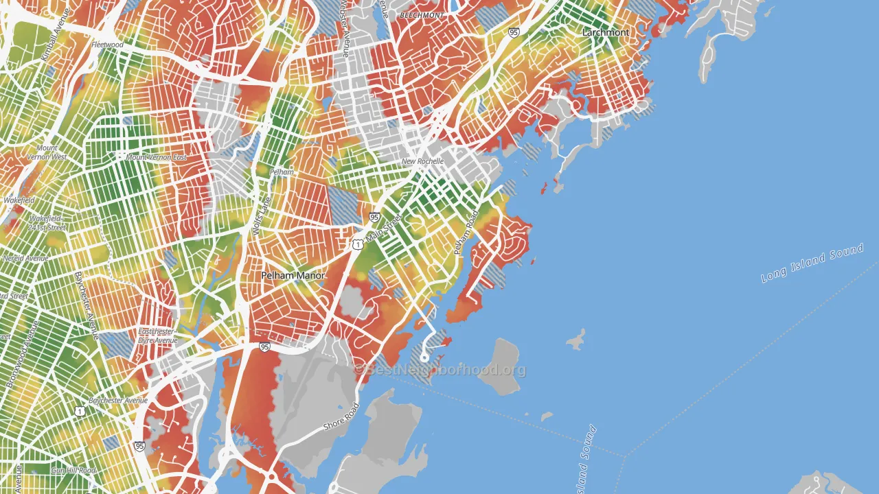 Walk Grade map of 10805, NY, walkable areas in green and car-dependent areas in red