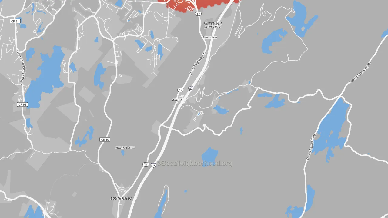 Walk Grade map of 10910, NY, walkable areas in green and car-dependent areas in red