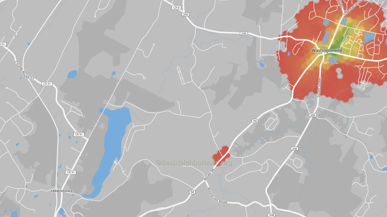 Walk Grade map of 10914, NY, walkable areas in green and car-dependent areas in red