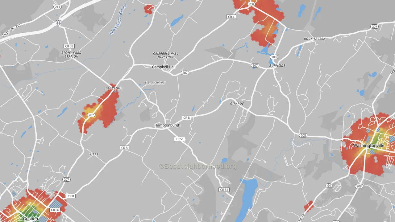 Walk Grade map of 10916, NY, walkable areas in green and car-dependent areas in red
