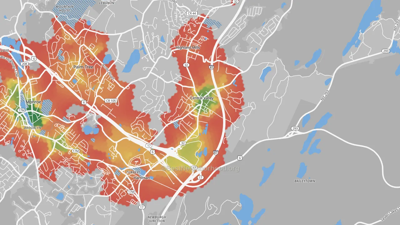 Walk Grade map of 10917, NY, walkable areas in green and car-dependent areas in red