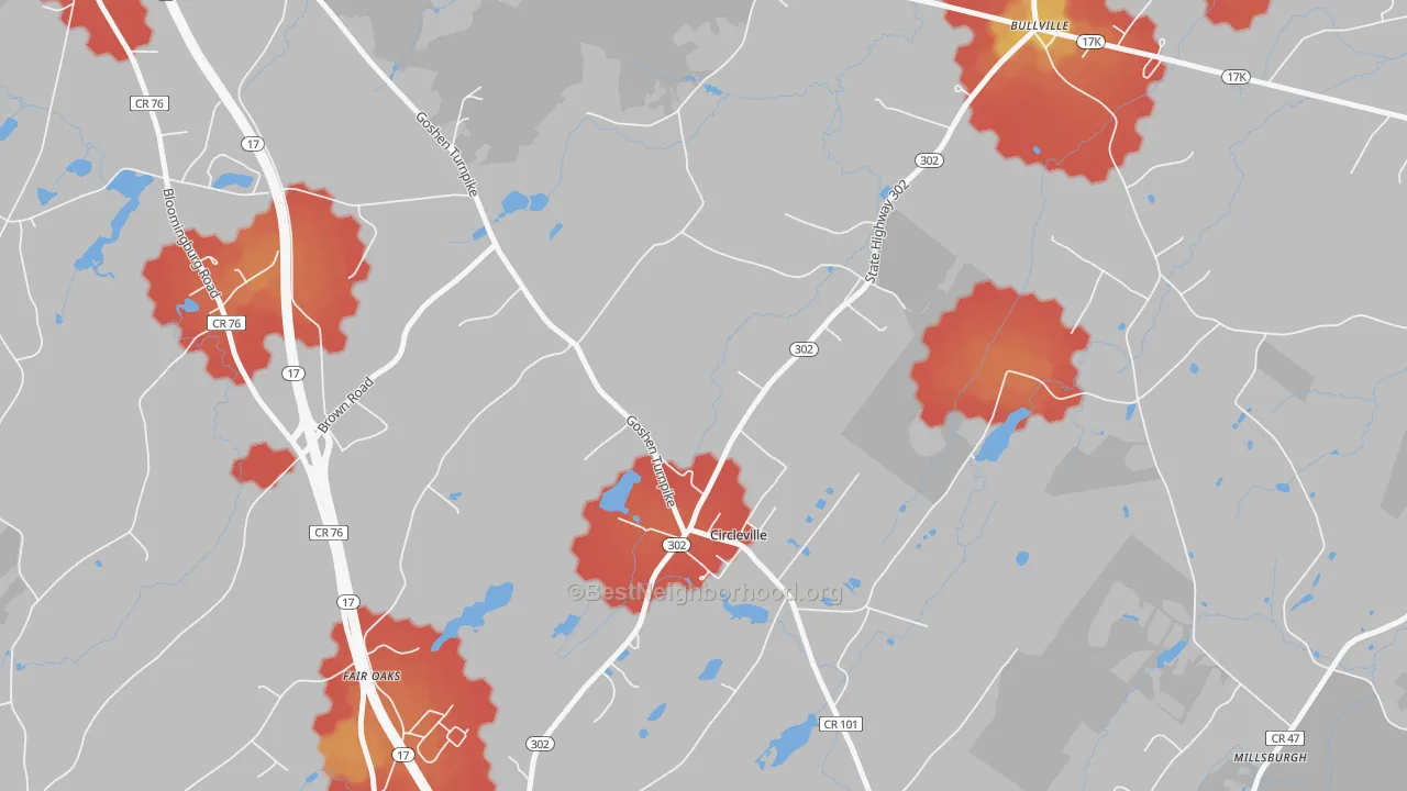 Walk Grade map of 10919, NY, walkable areas in green and car-dependent areas in red