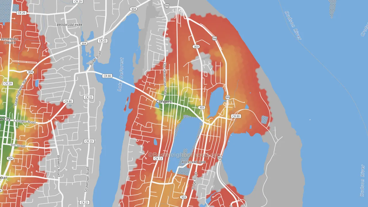 Walk Grade map of 10920, NY, walkable areas in green and car-dependent areas in red