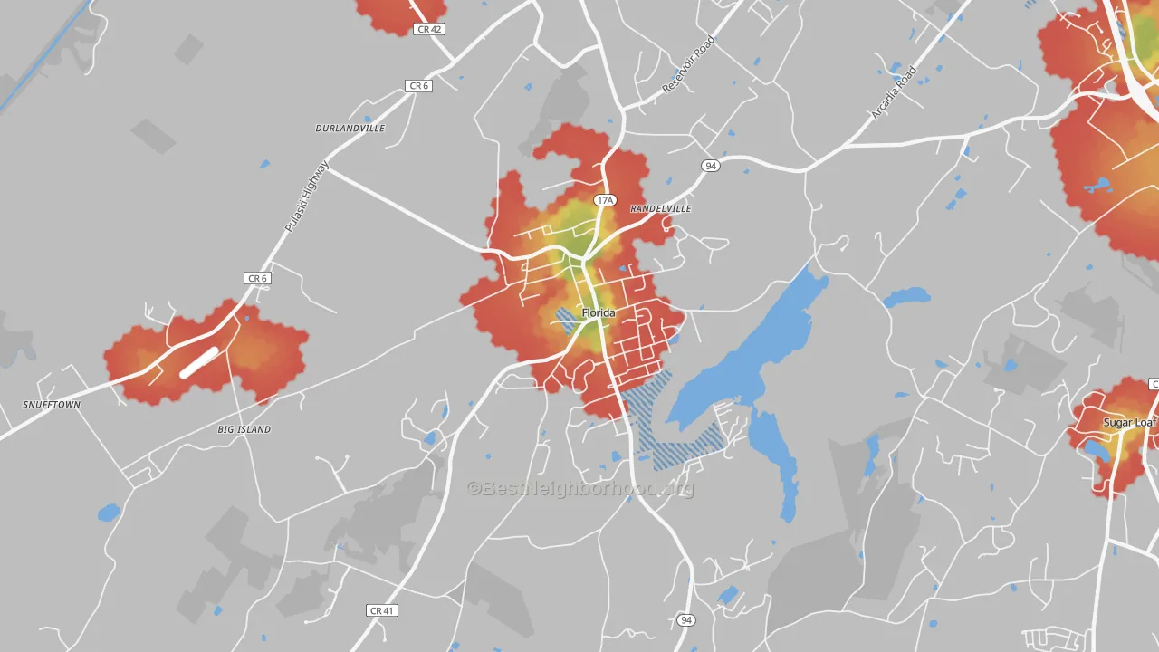 Walk Grade map of 10921, NY, walkable areas in green and car-dependent areas in red