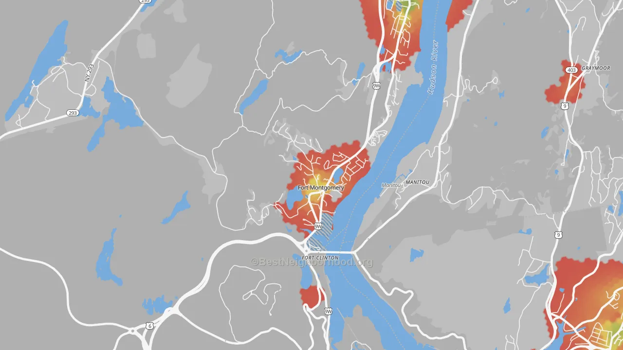 Walk Grade map of 10922, NY, walkable areas in green and car-dependent areas in red