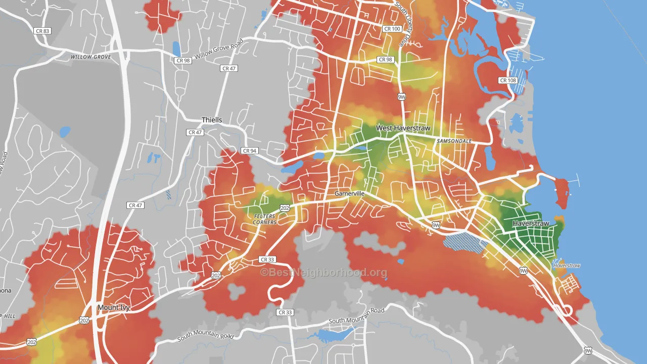 Walk Grade map of 10923, NY, walkable areas in green and car-dependent areas in red