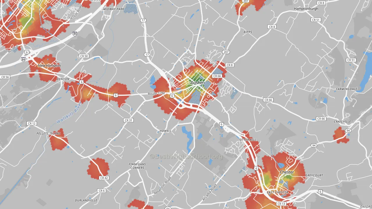 Walk Grade map of 10924, NY, walkable areas in green and car-dependent areas in red