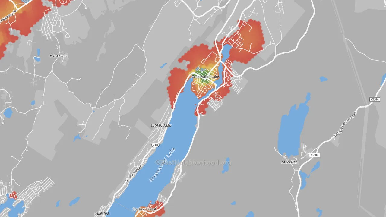 Walk Grade map of 10925, NY, walkable areas in green and car-dependent areas in red