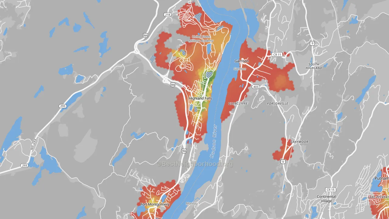 Walk Grade map of 10928, NY, walkable areas in green and car-dependent areas in red