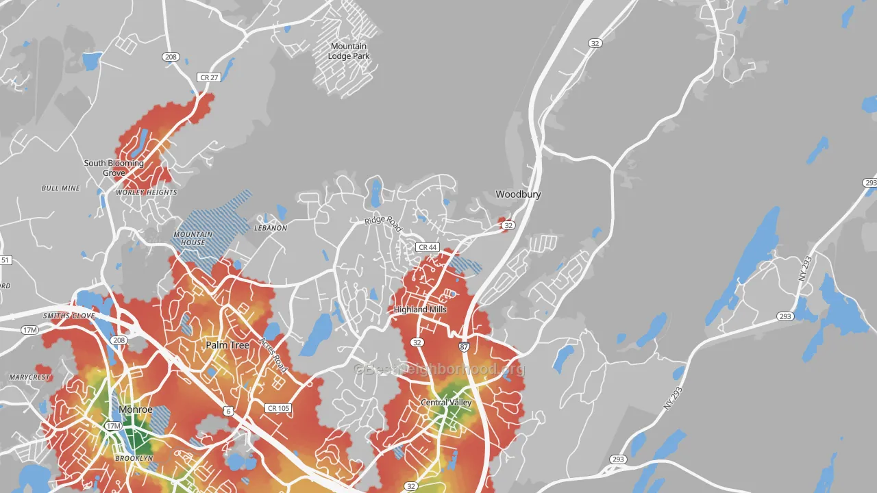Walk Grade map of 10930, NY, walkable areas in green and car-dependent areas in red