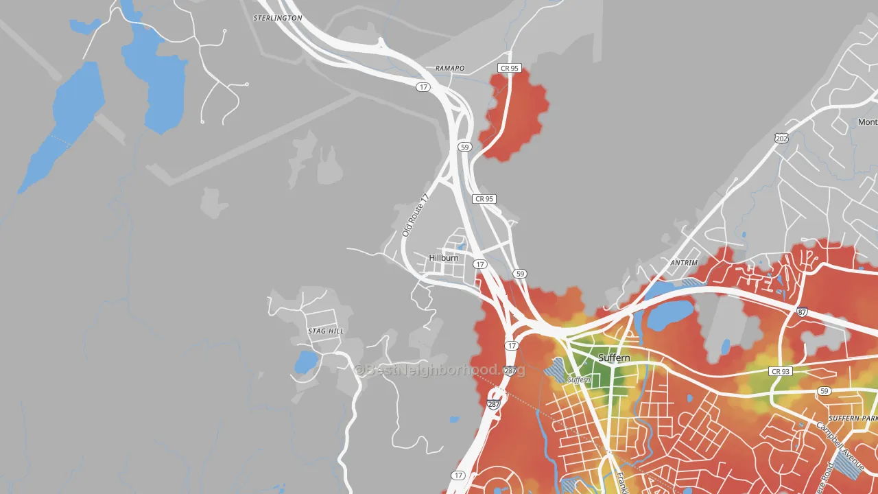 Walk Grade map of 10931, NY, walkable areas in green and car-dependent areas in red