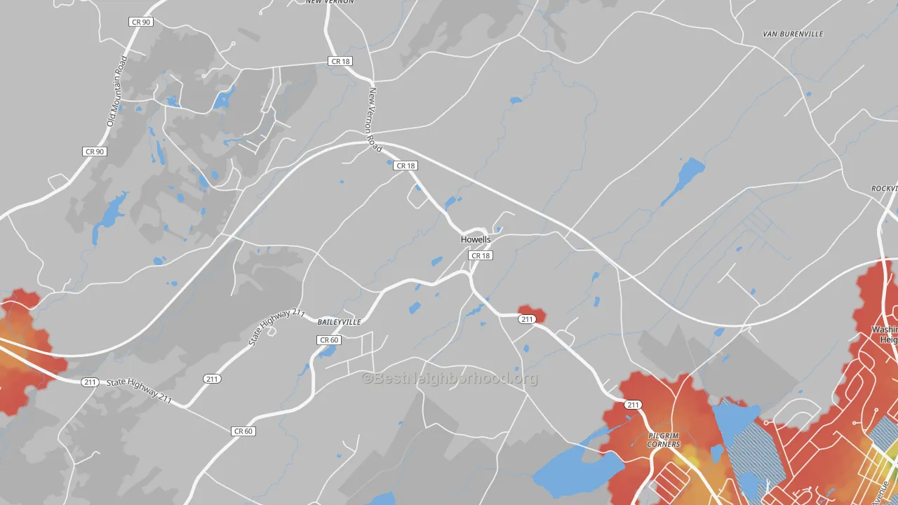 Walk Grade map of 10932, NY, walkable areas in green and car-dependent areas in red
