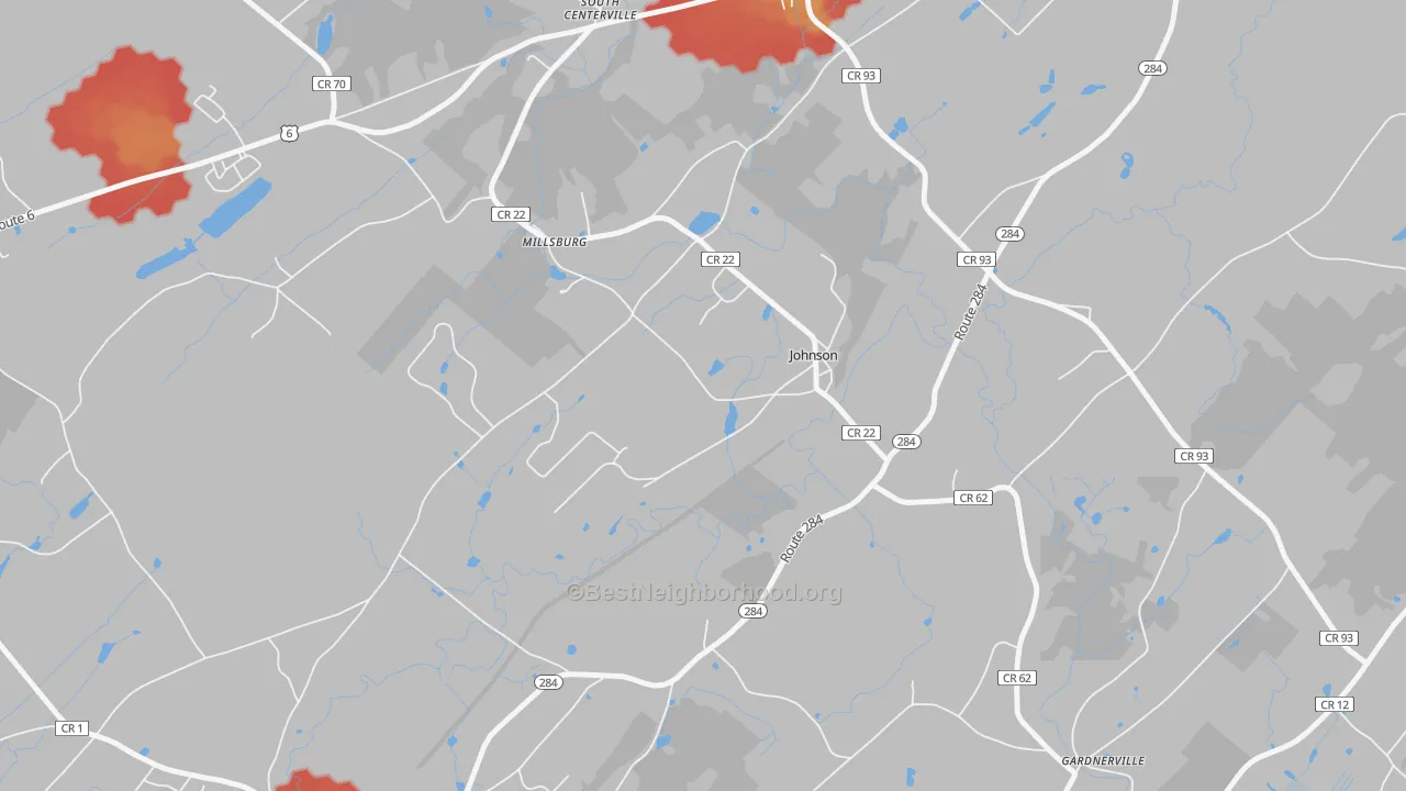 Walk Grade map of 10933, NY, walkable areas in green and car-dependent areas in red