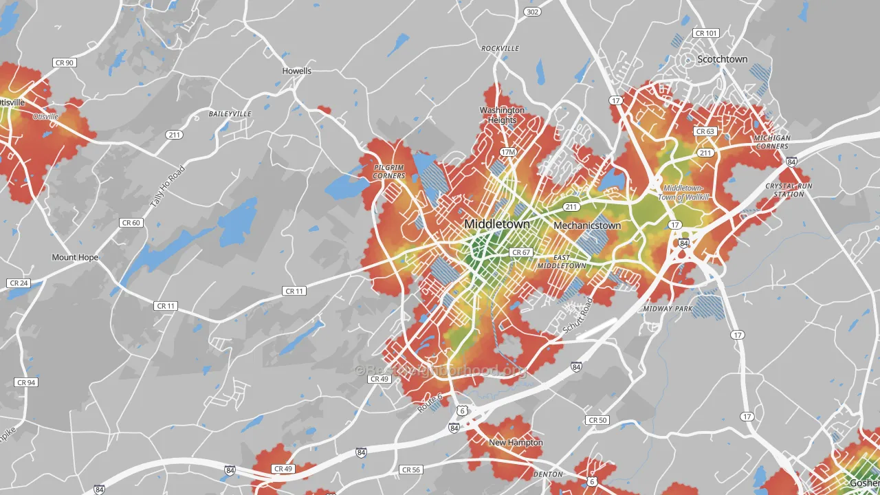 Walk Grade map of 10940, NY, walkable areas in green and car-dependent areas in red