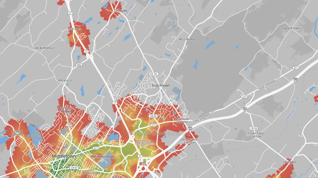 Walk Grade map of 10941, NY, walkable areas in green and car-dependent areas in red