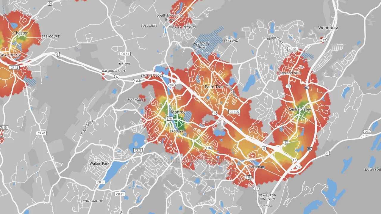 Walk Grade map of 10950, NY, walkable areas in green and car-dependent areas in red