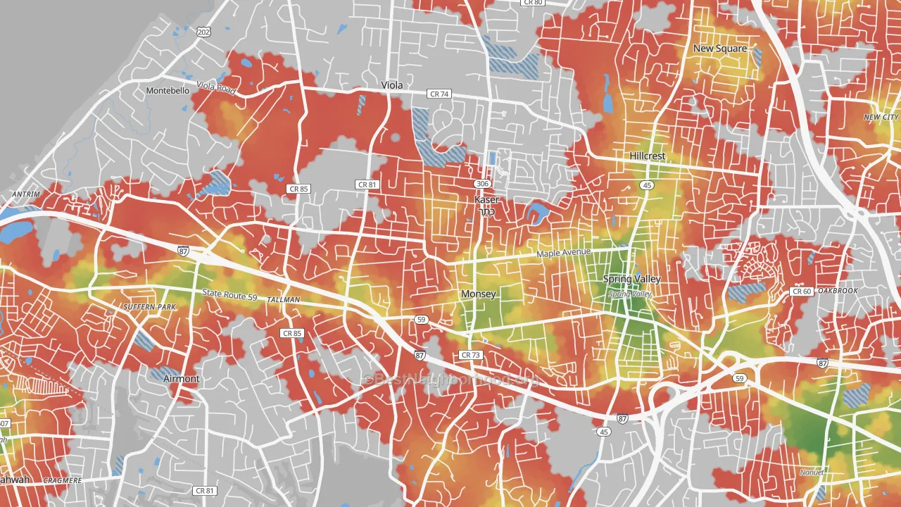 Walk Grade map of 10952, NY, walkable areas in green and car-dependent areas in red