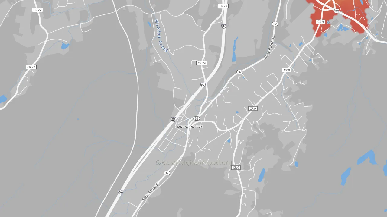 Walk Grade map of 10953, NY, walkable areas in green and car-dependent areas in red