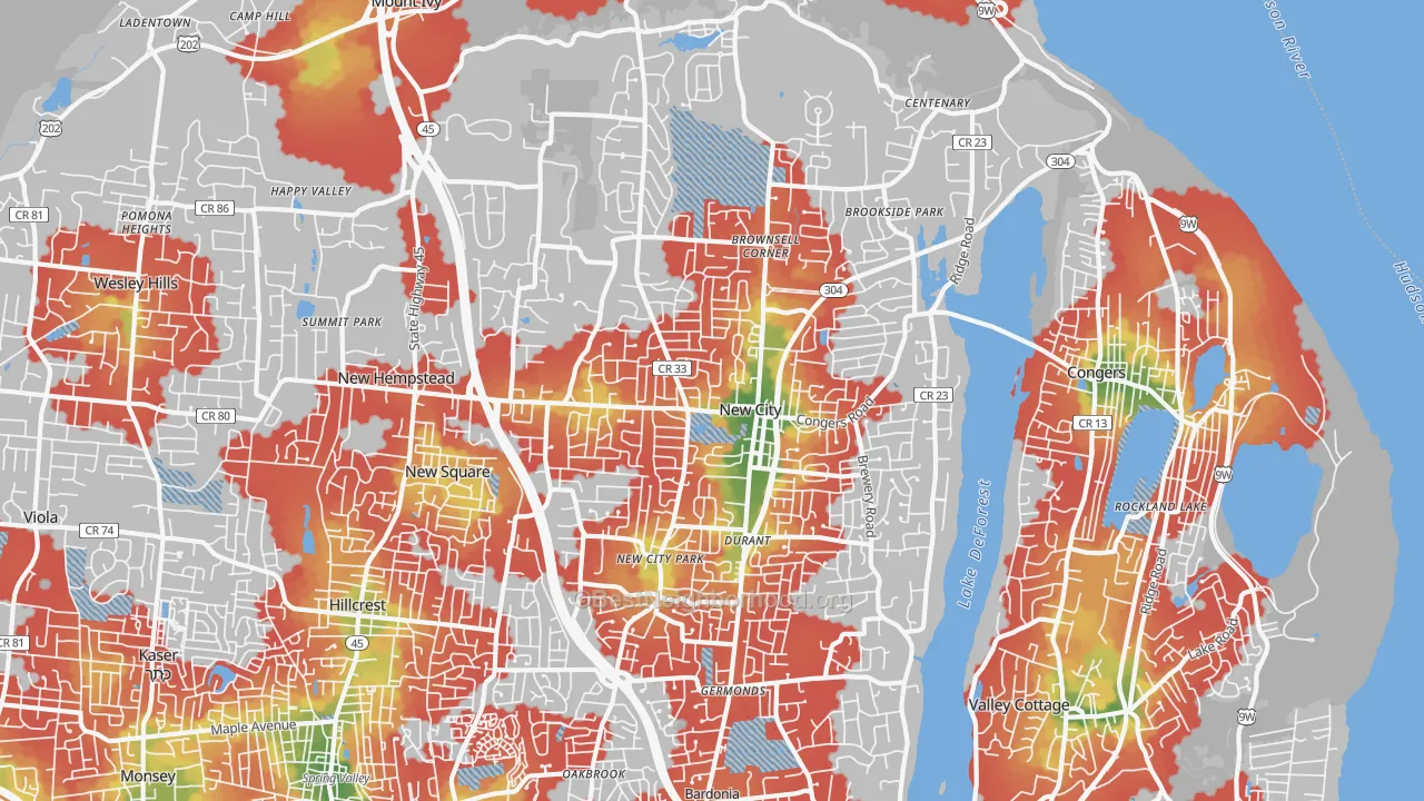 Walk Grade map of 10956, NY, walkable areas in green and car-dependent areas in red