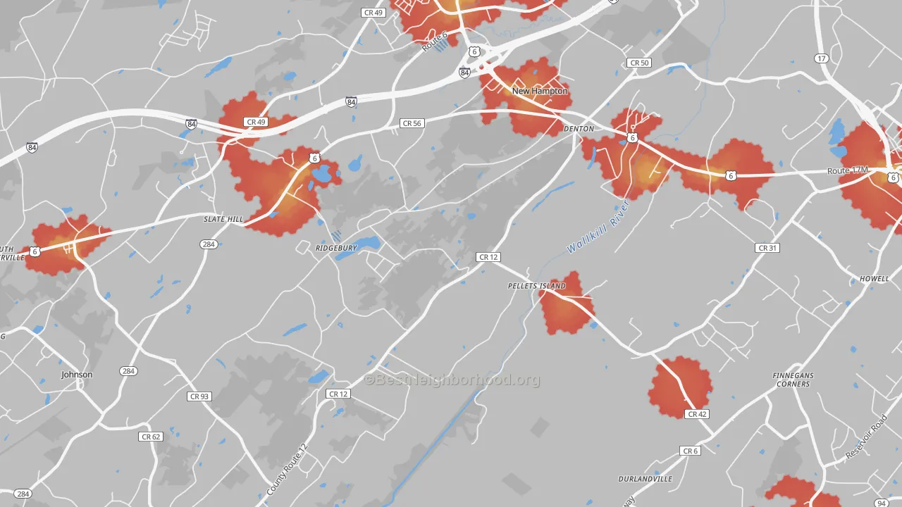 Walk Grade map of 10958, NY, walkable areas in green and car-dependent areas in red