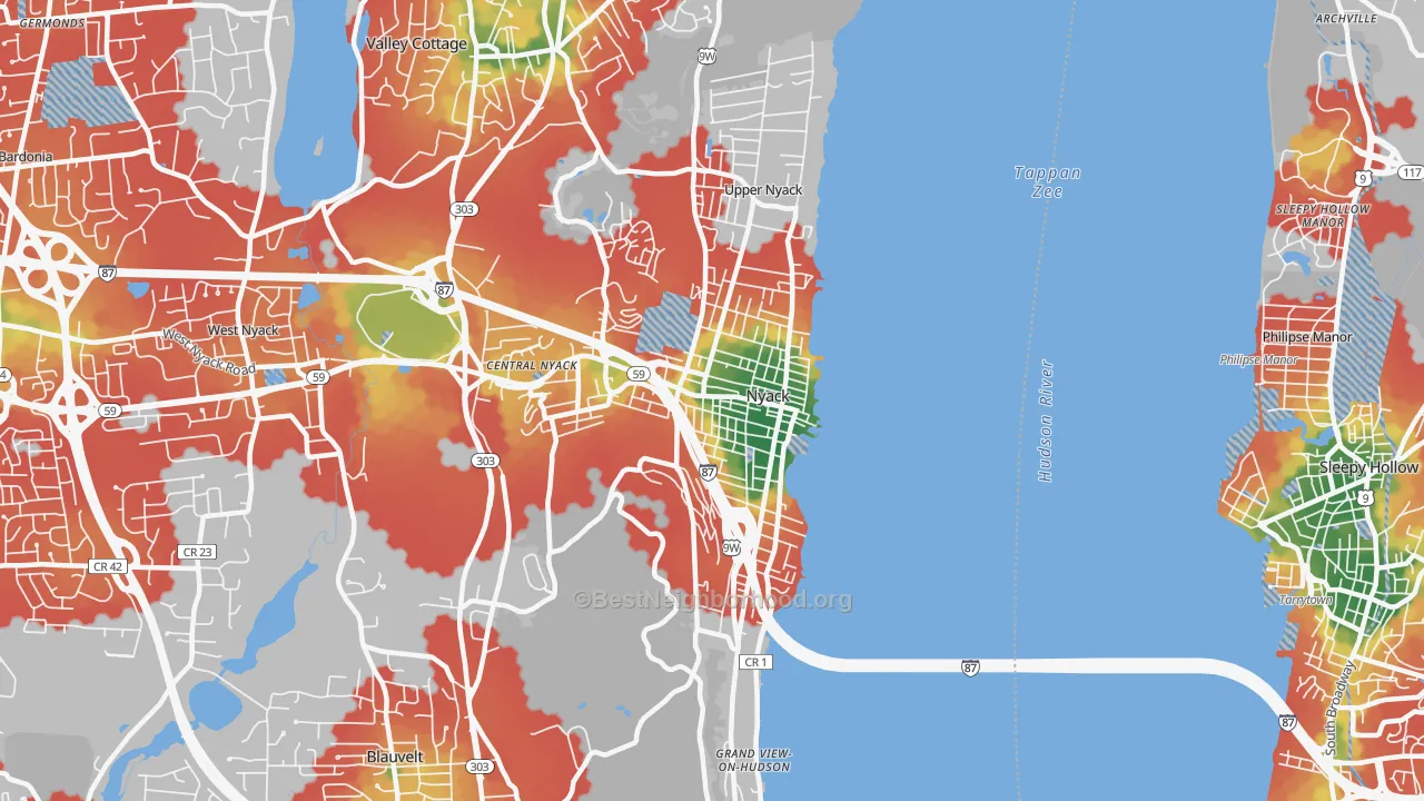 Walk Grade map of 10960, NY, walkable areas in green and car-dependent areas in red