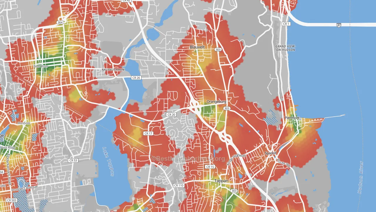 Walk Grade map of 10962, NY, walkable areas in green and car-dependent areas in red