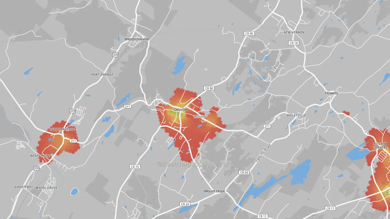 Walk Grade map of 10963, NY, walkable areas in green and car-dependent areas in red