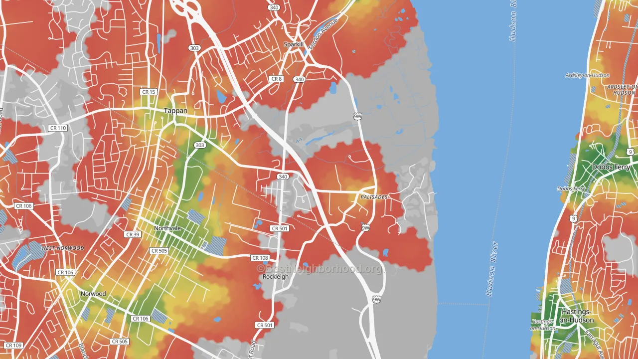 Walk Grade map of 10964, NY, walkable areas in green and car-dependent areas in red