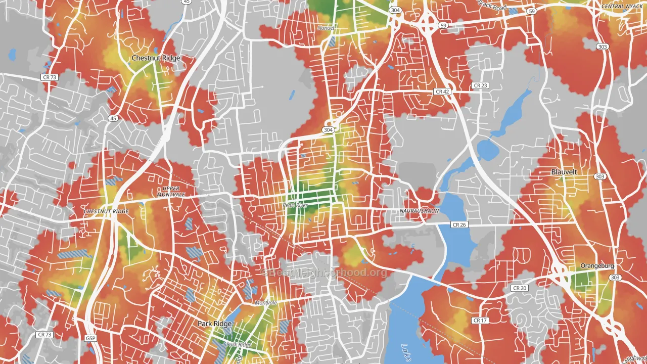 Walk Grade map of 10965, NY, walkable areas in green and car-dependent areas in red