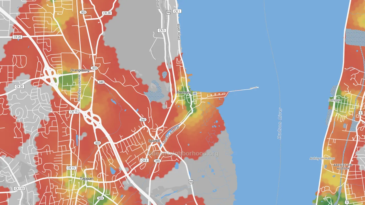 Walk Grade map of 10968, NY, walkable areas in green and car-dependent areas in red