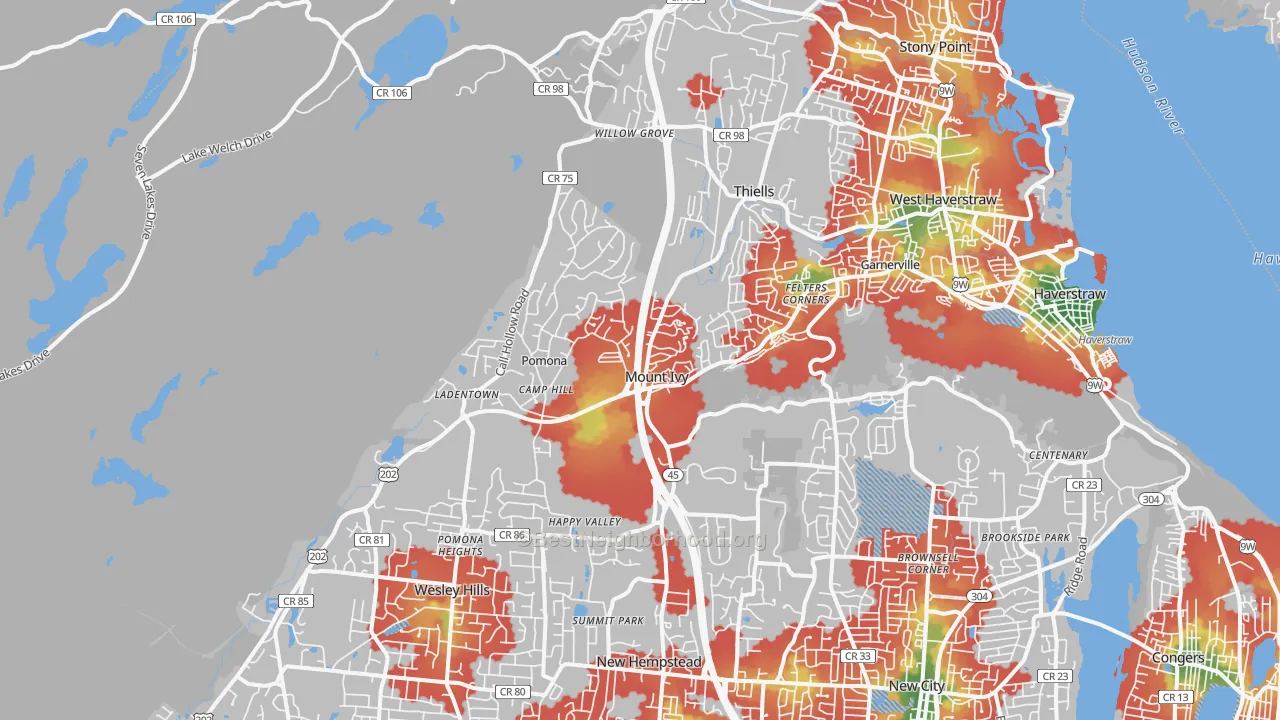 Walk Grade map of 10970, NY, walkable areas in green and car-dependent areas in red
