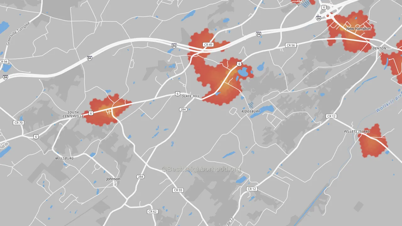 Walk Grade map of 10973, NY, walkable areas in green and car-dependent areas in red
