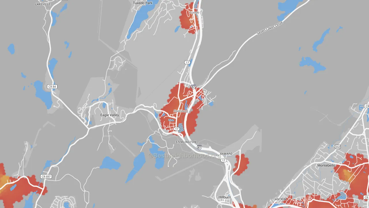 Walk Grade map of 10974, NY, walkable areas in green and car-dependent areas in red